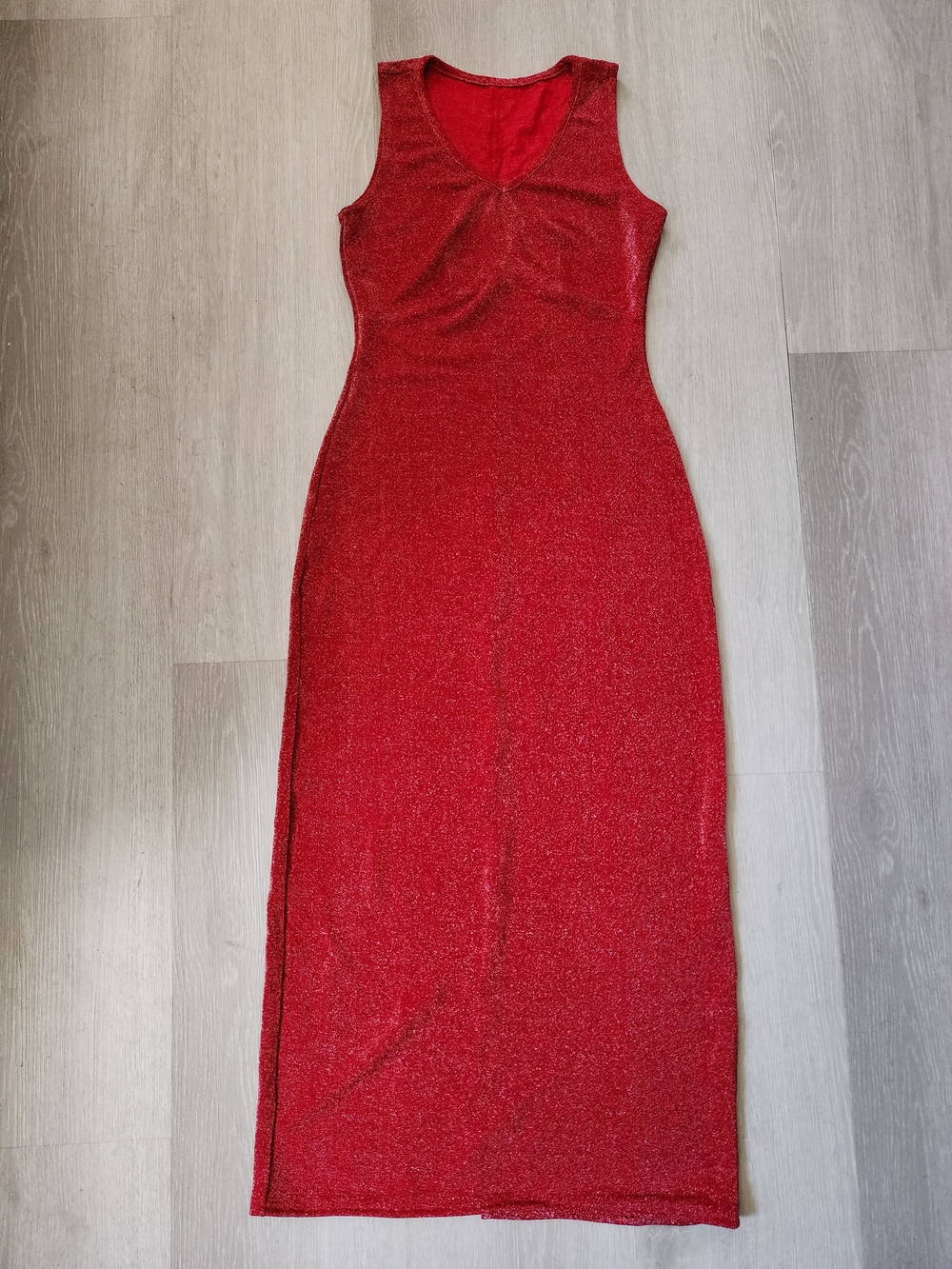 Sleeveless Long V Neck Dress in Red/Shimmer